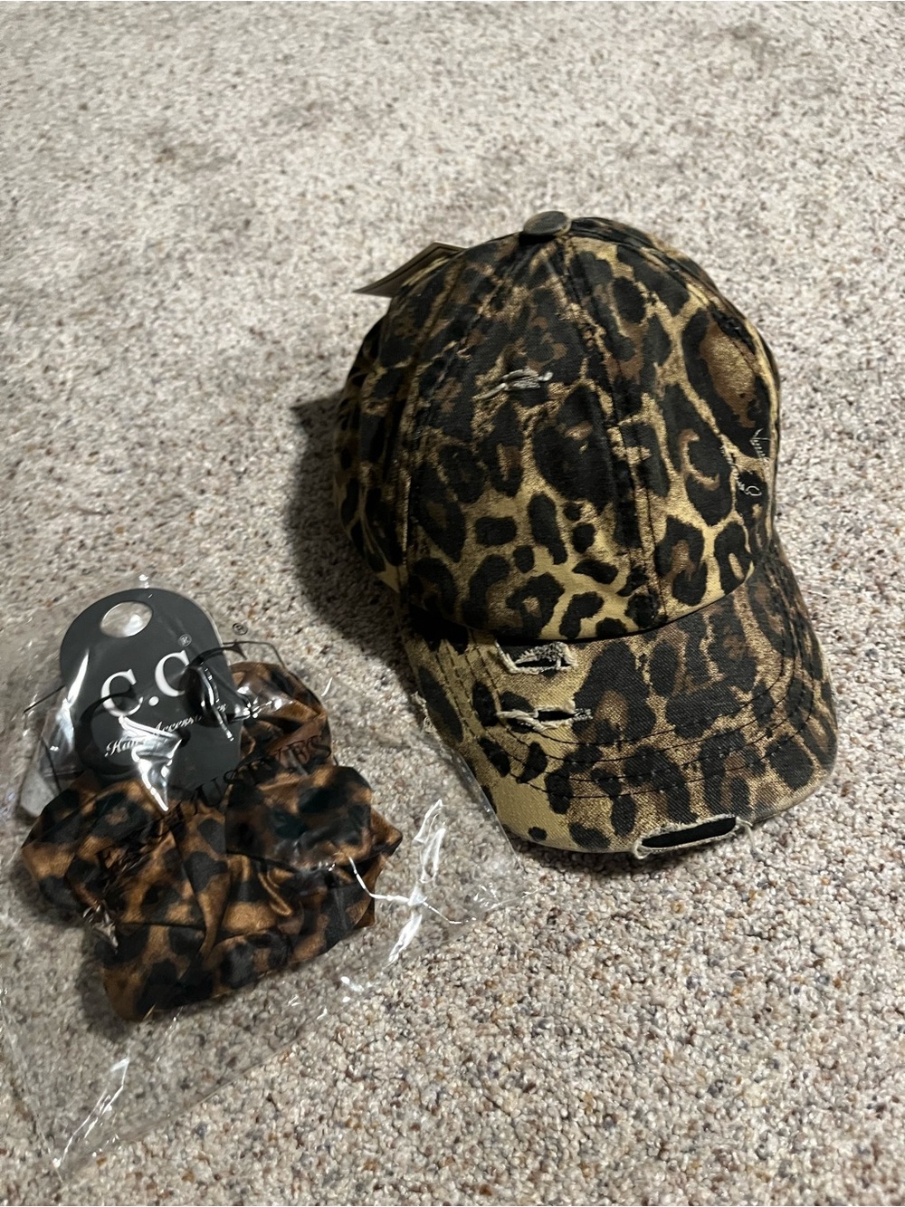 CC Boutique Leopard Print Baseball Cap with Matching Scrunchie - Brown/Black